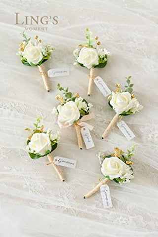 Ling's Moment Ivory & Greenery Eucalyptus Boutonniere for Men Wedding with Pins, Set of 6, Groom and Groomsmen Boutonniere for Wedding Ceremony Anniversary, Dinner Party, Prom Flowers