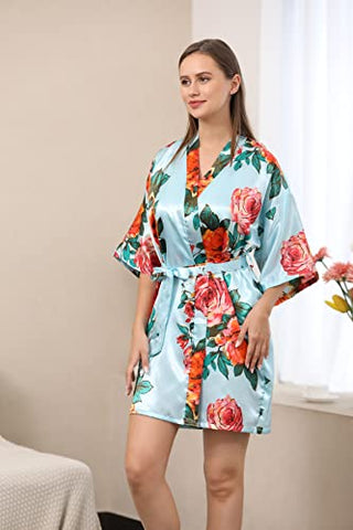 QXQTER Peony Floral Silk Kimono Robe Bride Bridal Bridesmaid Robes Dressing Gown Housecoat Bathrobe for Women (Light blue, Large-X-Large)
