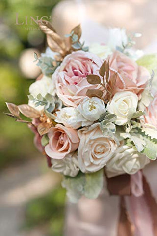 Ling's Moment Classic Dusty Rose 9 Inch Artificial Flowers Wedding Bouquets for Bridesmaid - Tossing Bouquet - Bridal Bouquet for Wedding Ceremony Anniversary, Bridal Shower and French Rustic Wedding