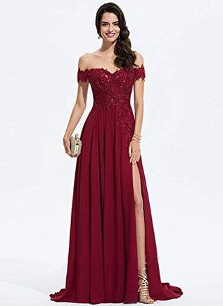 Dimei Lace Off Shoulder Prom Dresses Long with Slit A-Line Chiffon Bridesmaid Dresses for Women Formal Dresses with Train Watermelon 2