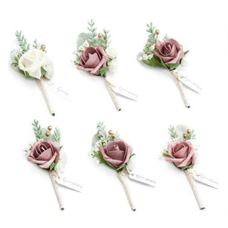 Ling's Moment Dusty Rose Boutonniere for Men Wedding with Pins, Set of 6, Groom and Groomsmen Boutonniere for Wedding Ceremony Anniversary, Dinner Party, Prom Flowers and Fall Vintage Wedding