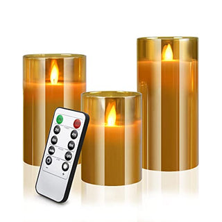 Led Flameless Candles, Battery Operated Flickering Candles Pillar Real Wax Moving Flame Electric Candle Sets Gold Glass with Remote Timer for Home Fireplace Xmas Decor, 4 in,5 in,6 in,3 Pack