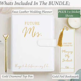 Wedding Planner Book and Organizer for The Bride -Faux Leather, Gold Foil 'Future Mrs' Wedding Binder I Includes Pen, Bookmark & Stickers I Engagement Gifts for Women I Wedding Planning Book Checklist