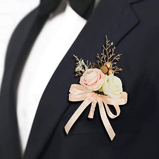 HiiARug Ivory Light Peach Rose Boutonniere for Men Wedding Set of 6 Groom Groomsmen Flower Boutonnieres Ribbon Gold Berry for Wedding Party Prom Man Suit Decoration