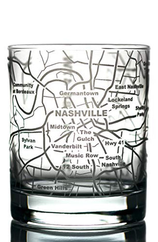 Greenline Goods Whiskey Glasses - 10 Oz Tumbler for Nashville Lovers (Single Glass) - Etched with Nashville Map - Old Fashioned Rocks Glass