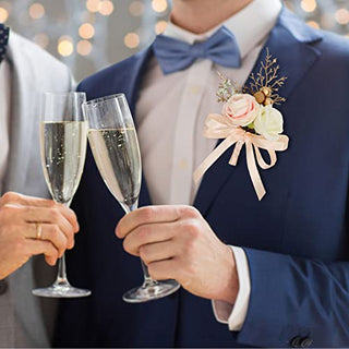 HiiARug Ivory Light Peach Rose Boutonniere for Men Wedding Set of 6 Groom Groomsmen Flower Boutonnieres Ribbon Gold Berry for Wedding Party Prom Man Suit Decoration
