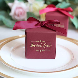 DORIS HOME 50pcs 2.5 * 2.5 * 2.5 Inch Burgundy Birthday Wedding Party Favor Boxes,Wedding Gift Bags Chocolate Candy and Gift Boxes Bridal Shower Party Paper Gift Boxes with Ribbons