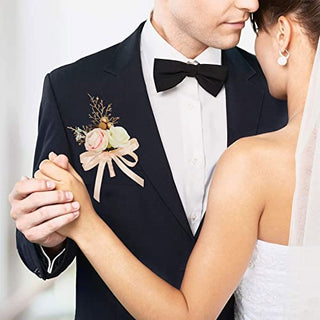 HiiARug Ivory Light Peach Rose Boutonniere for Men Wedding Set of 6 Groom Groomsmen Flower Boutonnieres Ribbon Gold Berry for Wedding Party Prom Man Suit Decoration