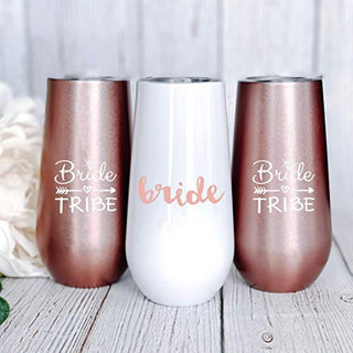 Bride to Be Champagne Flute | 6 oz Bride Tribe Stainless Steel Wine Tumblers | Bridal Shower Gift, Bridesmaid Proposal Box, Bachelorette Party Supplies | Bridal Party Rose Gold Cups & Bridesmaid Cups