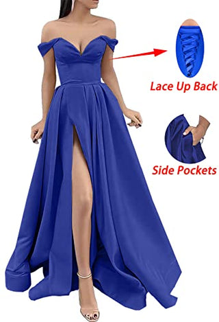 ANGELWARDROBE Off Shoulder Prom Dresses Long for Women Empire Waist Satin Formal Evening Gown with Slit Burgundy Beaded Belt Size 6
