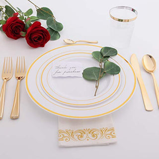WDF 120 pieces Gold Disposable Plastic Plates - Gold Rim Plates Set of 60, Plastic Plates for Parties, Disposable Gold Party Plates, 10.25" Dinner Plates & 7.5" Salad Plates for Weddings and Holidays