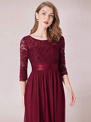 Ever-Pretty Women Lace Elegant 3/4 Sleeve Chiffon Maxi Wedding Guest Dress Burgundy US10