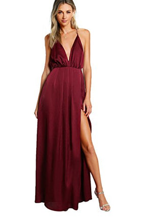 SheIn Women's Sexy Satin Deep V Neck Backless Maxi Club Party Evening Dress Burgundy X-Small