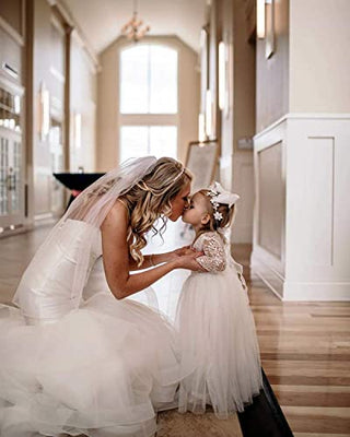 Girl Toddler Full-Length Straight Tulle Tutu Lace Back Party Flower Girl Dress (3-4T, Sleeve-White)