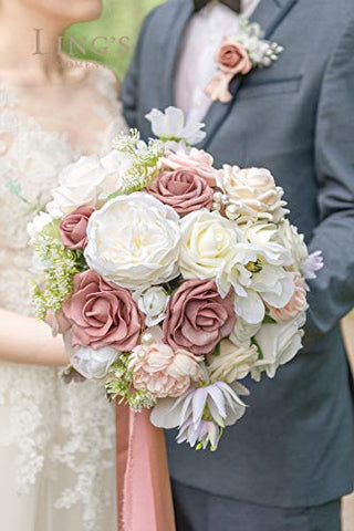 Ling's moment 11 Inch Dusty Rose Artificial Flowers Wedding Bouquets for Bride - Bridal Bouquet for Wedding Ceremony Anniversary, Bridal Shower, Party and French Rustic Vintage Wedding