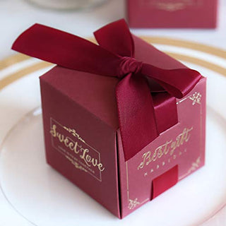 DORIS HOME 50pcs 2.5 * 2.5 * 2.5 Inch Burgundy Birthday Wedding Party Favor Boxes,Wedding Gift Bags Chocolate Candy and Gift Boxes Bridal Shower Party Paper Gift Boxes with Ribbons