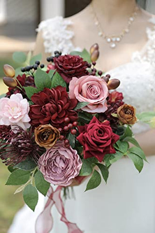 HIMIFOLO Artificial Flowers Dahlia Flowers Combo for DIY Wedding Bouquets Burgundy Centerpieces Arrangements Party Bridal Baby Shower Home Decorations (Mature Burgundy)