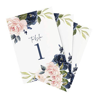 Bliss Collections Table Numbers, Navy Floral, Double-Sided Cards Plus Head Table Card for your Wedding, Reception, Anniversary, Birthday Party or Celebration, 4"x6" (1-25 plus Head Table Card)