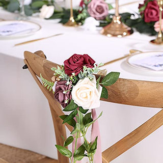 DORIS HOME Wedding Aisle Decorations Mauve Burgundy Pew Flowers Set of 10 for Wedding Ceremony Party Chair Decor with Artificial Flowers Eucalyptus and Ribbons