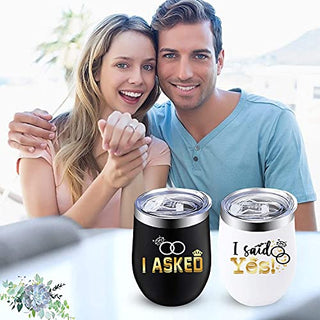 Bride Groom Wedding Wine Tumbler Set of 2 | I Asked I Said Yes | Gifts for Couple Coffee Mug Cup Wedding Anniversary Engagement Gift Stemless Tumblers Set With Lid Stainless Steel Insulated 12 Oz