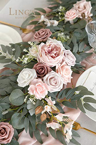 Ling's Moment Artificial Eucalyptus Garland with Flowers 6FT, Wedding Table Garland with Flowers Handcrafted Wedding Centerpieces for Rehearsal Dinner Bridal Shower | Dusty Rose