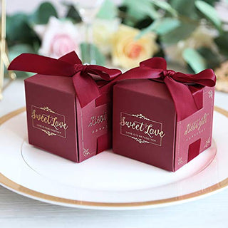 DORIS HOME 50pcs 2.5 * 2.5 * 2.5 Inch Burgundy Birthday Wedding Party Favor Boxes,Wedding Gift Bags Chocolate Candy and Gift Boxes Bridal Shower Party Paper Gift Boxes with Ribbons