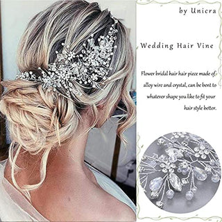 Unicra Bride Flower Wedding Hair Vine Crystal Bridal Hair Piece Rhinestone Party Hair Accessories Leaf Hair Jewelry Bead Headpiece for Women and Girls (Silver)
