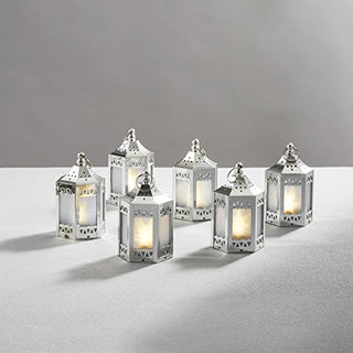 Silver Mini Lanterns with LED Star - 4.5 Inch Tall, Warm White 3D Holographic Star Light, Eid & Ramadan Decorations or Winter Wedding Centerpiece, Batteries Included - Set of 6