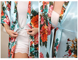 QXQTER Peony Floral Silk Kimono Robe Bride Bridal Bridesmaid Robes Dressing Gown Housecoat Bathrobe for Women (Light blue, Large-X-Large)
