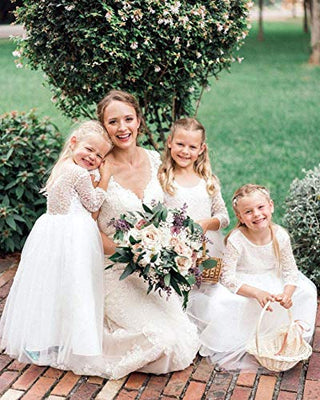 Girl Toddler Full-Length Straight Tulle Tutu Lace Back Party Flower Girl Dress (3-4T, Sleeve-White)