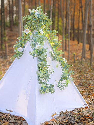 PARTY JOY 6.56ft Eucalyptus Garland with Flowers-8 White Roses, Artificial Fake Flowers Greenery Garland Floral Vines for Decoration Party Wedding Table Indoor Outdoor Backdrop Wall Decor(White)