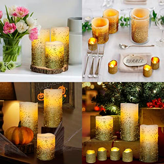 FURORA LIGHTING LED Flameless Candles with Remote – Battery-Operated Flameless Candles Bulk Set of 8 Fake Candles – Small Flameless Candles & Christmas Centerpieces for Tables, Gold Glittery