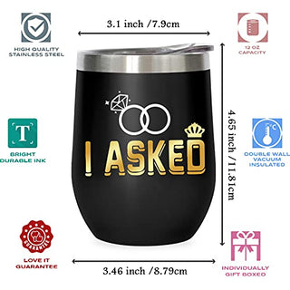 Bride Groom Wedding Wine Tumbler Set of 2 | I Asked I Said Yes | Gifts for Couple Coffee Mug Cup Wedding Anniversary Engagement Gift Stemless Tumblers Set With Lid Stainless Steel Insulated 12 Oz