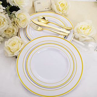 WDF 120 pieces Gold Disposable Plastic Plates - Gold Rim Plates Set of 60, Plastic Plates for Parties, Disposable Gold Party Plates, 10.25" Dinner Plates & 7.5" Salad Plates for Weddings and Holidays