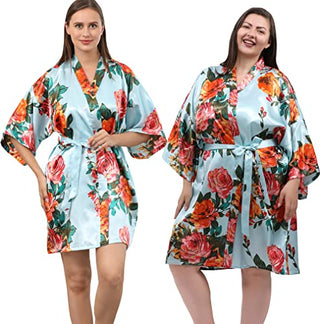 QXQTER Peony Floral Silk Kimono Robe Bride Bridal Bridesmaid Robes Dressing Gown Housecoat Bathrobe for Women (Light blue, Large-X-Large)