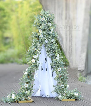 PARTY JOY 6.56ft Eucalyptus Garland with Flowers-8 White Roses, Artificial Fake Flowers Greenery Garland Floral Vines for Decoration Party Wedding Table Indoor Outdoor Backdrop Wall Decor(White)
