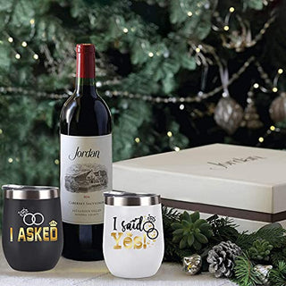 Bride Groom Wedding Wine Tumbler Set of 2 | I Asked I Said Yes | Gifts for Couple Coffee Mug Cup Wedding Anniversary Engagement Gift Stemless Tumblers Set With Lid Stainless Steel Insulated 12 Oz