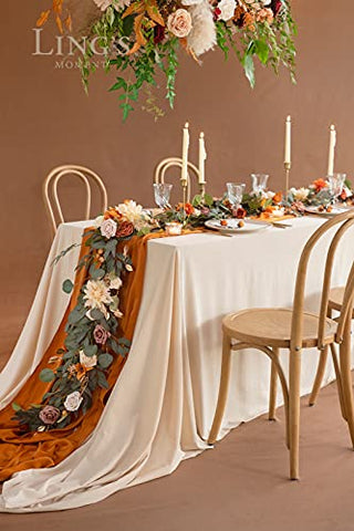 Ling's Moment Eucalyptus Garland with Flowers 6FT，Table Runner with Flowers Terracotta Handcrafted Wedding Centerpieces for Rehearsal Dinner Bridal Shower | Sunset Terracotta