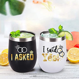 Bride Groom Wedding Wine Tumbler Set of 2 | I Asked I Said Yes | Gifts for Couple Coffee Mug Cup Wedding Anniversary Engagement Gift Stemless Tumblers Set With Lid Stainless Steel Insulated 12 Oz