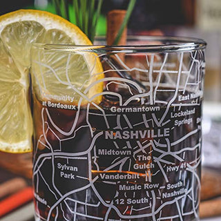 Greenline Goods Whiskey Glasses - 10 Oz Tumbler for Nashville Lovers (Single Glass) - Etched with Nashville Map - Old Fashioned Rocks Glass
