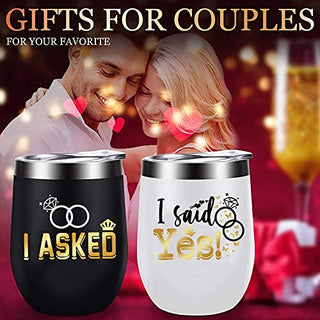 Bride Groom Wedding Wine Tumbler Set of 2 | I Asked I Said Yes | Gifts for Couple Coffee Mug Cup Wedding Anniversary Engagement Gift Stemless Tumblers Set With Lid Stainless Steel Insulated 12 Oz