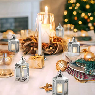 Silver Mini Lanterns with LED Star - 4.5 Inch Tall, Warm White 3D Holographic Star Light, Eid & Ramadan Decorations or Winter Wedding Centerpiece, Batteries Included - Set of 6