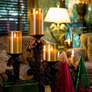Led Flameless Candles, Battery Operated Flickering Candles Pillar Real Wax Moving Flame Electric Candle Sets Gold Glass with Remote Timer for Home Fireplace Xmas Decor, 4 in,5 in,6 in,3 Pack