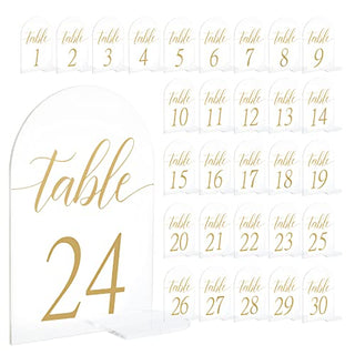 30 Sets Arch Acrylic Sign Gold Printed Table numbers, Wedding table number for Wedding Reception Hotals Acrylic Sheets with Place Card Holder(4 x 6 Inch)