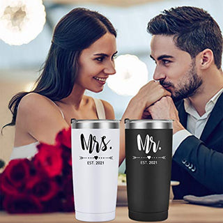 Mr and Mrs Est 2021 Tumbler Set of 2, Stainless Steel Travel Tumbler Idea for Newlyweds Couples Wife Bride To Be Newly Engaged Bridal Shower, 20oz Insulated Tumbler for Wedding Engagement, Black&White