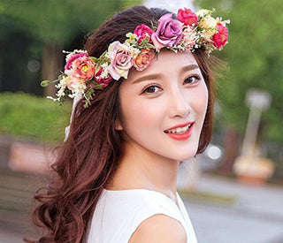 Vivivalue Rose Flower Crown Boho Flower Headband Hair Wreath Floral Headpiece Halo with Ribbon Wedding Party Festival Photos Pink