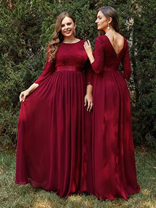Ever-Pretty Women Lace Elegant 3/4 Sleeve Chiffon Maxi Wedding Guest Dress Burgundy US10