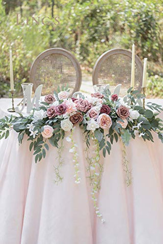 Ling's Moment Dusty Rose Artificial Headtable Flower Swag Floral Arrangement Centerpiece for Wedding Reception Sweetheart Table Decorations Tablecloth Included