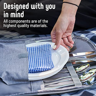 AveriFields Picnic Backpack, Durable Picnic Bag with Premium Cutlery Set for 4 Person, Large Insulated Cooler Compartment, Wine Holder, Waterproof Fleece Blanket, Tote Bag, Portable Wine Table/Tray