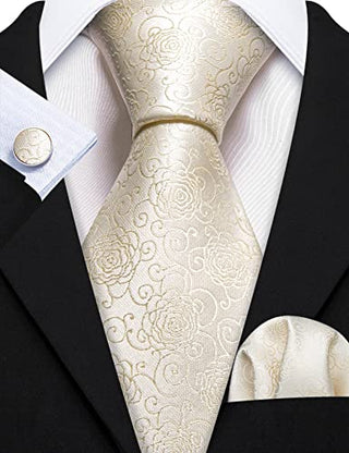 Barry.Wang Flower Ties for Men Handkerchief Cufflinks Set Wedding Necktie Set Party